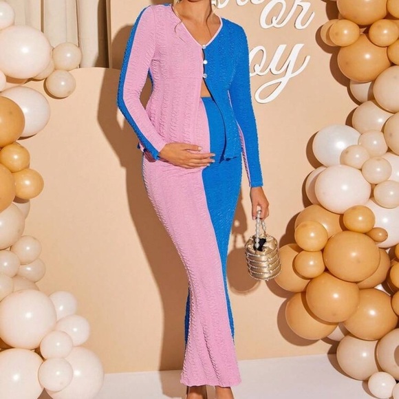 SHEIN Dresses & Skirts - Maternity Gender Reveal Dress Pink Blue Color Block Ribbed Bodycon Maxi Dress xl
